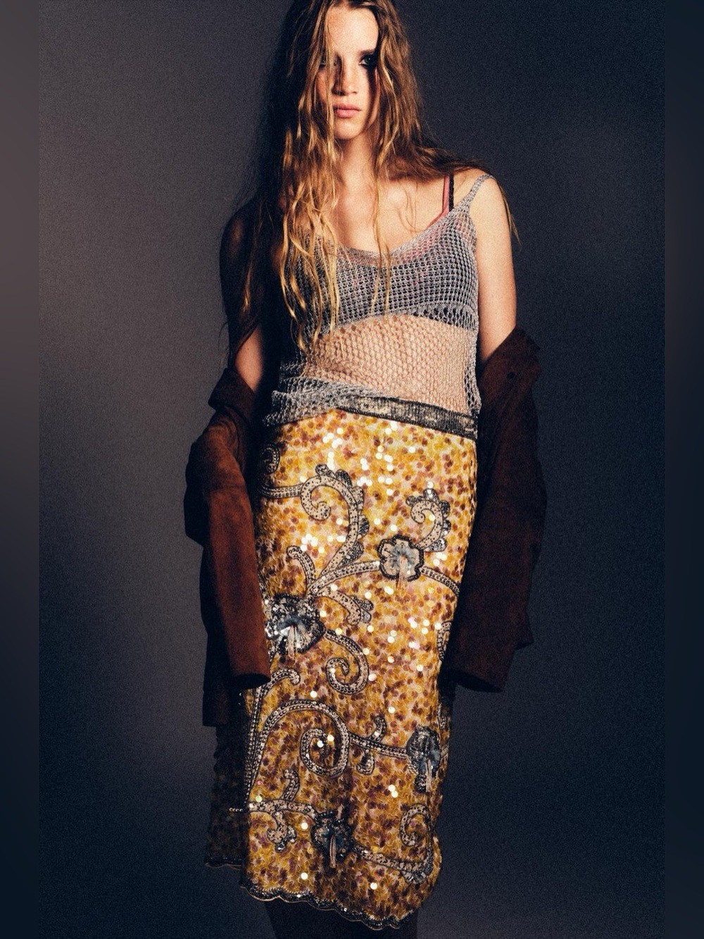 Zara π₯ Skirt Sequin Beads Embroidered Yellow Silver Sirencore Fairycore Large